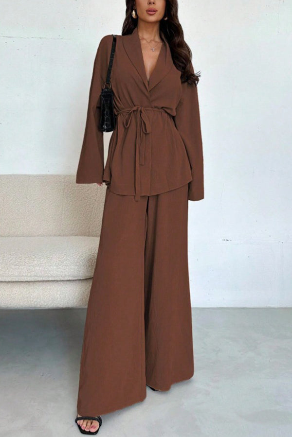 Solid Color Collared Long-sleeved Tie-waist Loose Top and Elastic Waist Casual Wide-leg Pants Set-consonak