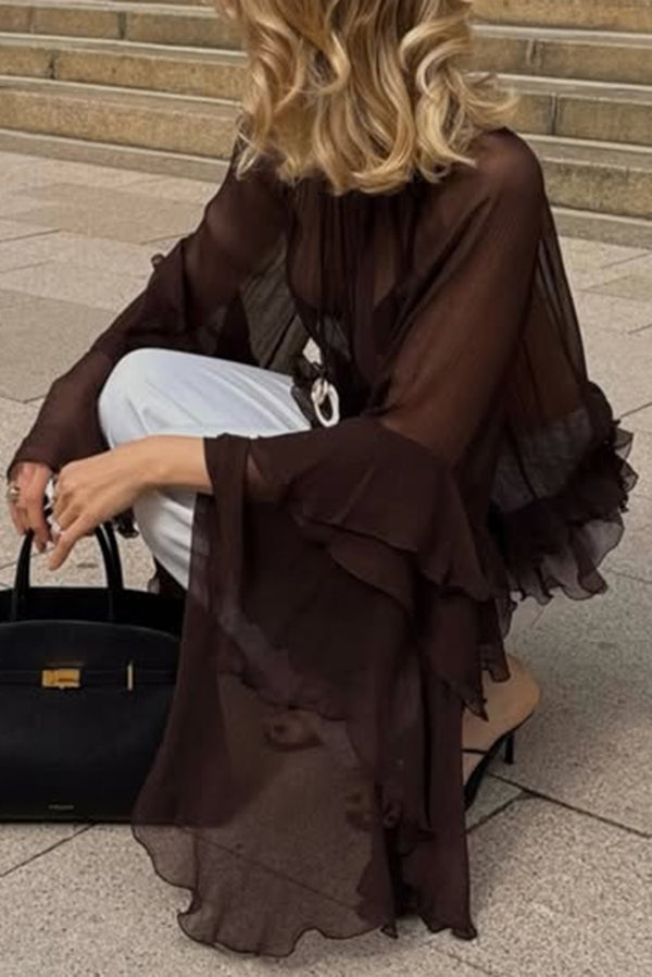 Solid Color Chiffon Elegant Bell Sleeve Loose Cover-up Top-consonak