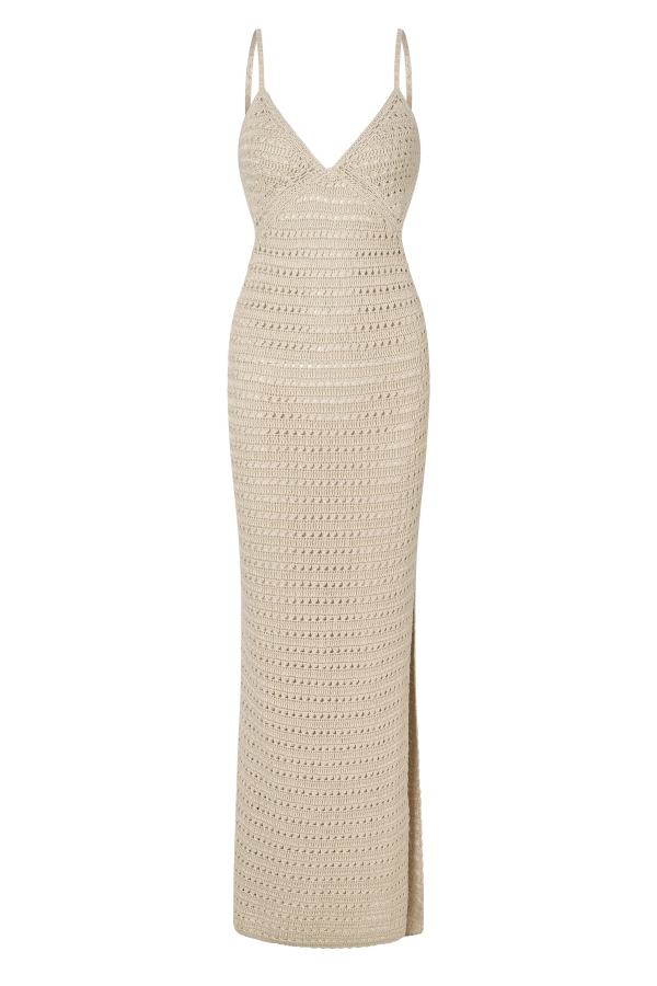Solid Color Knitted Openwork Sexy Backless Slit Cover-up Maxi Dress-consonak