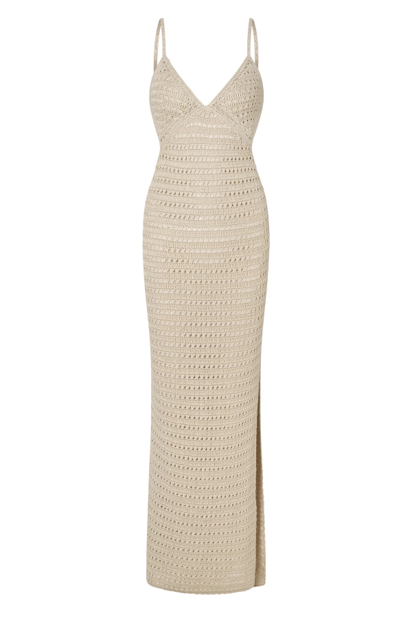 Solid Color Knitted Openwork Sexy Backless Slit Cover-up Maxi Dress-consonak