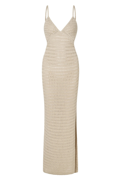 Solid Color Knitted Openwork Sexy Backless Slit Cover-up Maxi Dress-consonak