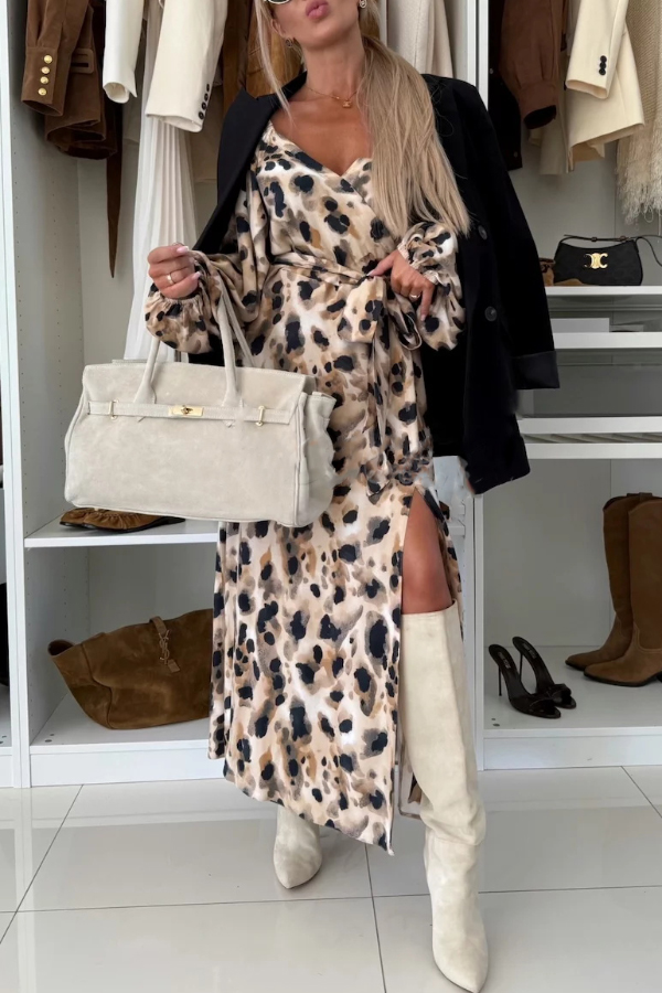 Unique Printed V-neck Long-sleeved Waist Tie Slit Maxi Dress-consonak