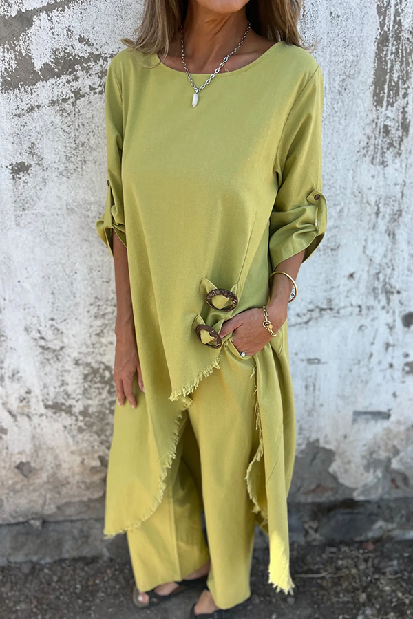 Jamilah Linen Blend Ring Detail Midi Blouse  and Elastic Waist Pocketed Loose Pants Set | Consonak