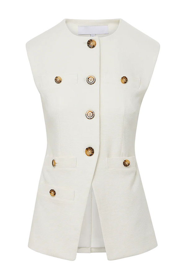 Impeccable Textured Fabric Button Up Princess Seams Vest Top-consonak