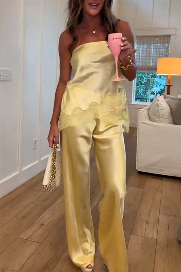 Odessa Satin Floral Lace Hem Strapless Tank and Mid Rise Wide Leg Pants Set-consonak