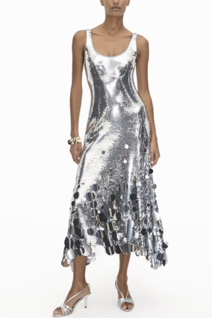 Party Tips Sequin Irregular Round Tassels Hem Back Cutout Tank Maxi Dress-consonak