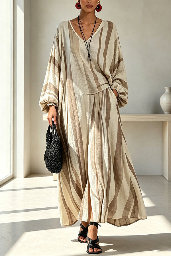 Vintage Striped Batwing Sleeve Long Set-Consonak