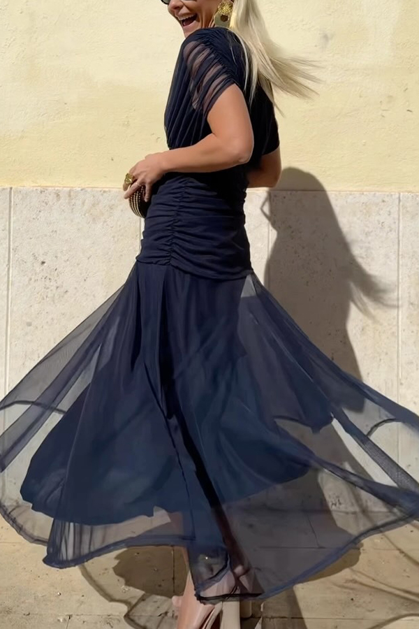 Unique Printed V-Neck Waisted Mesh Holiday Maxi Dress-consonak