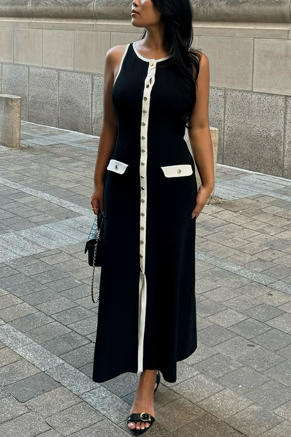 Elegant Slim Fit Crew Neck Buttoned Sleeveless Knit Midi Dress-consonak