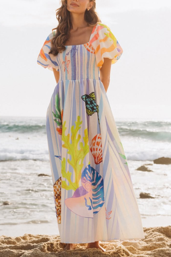 Marine Creature Print Square Neck Puff Sleeve Pleated Casual Pocket Maxi Dress-consonak