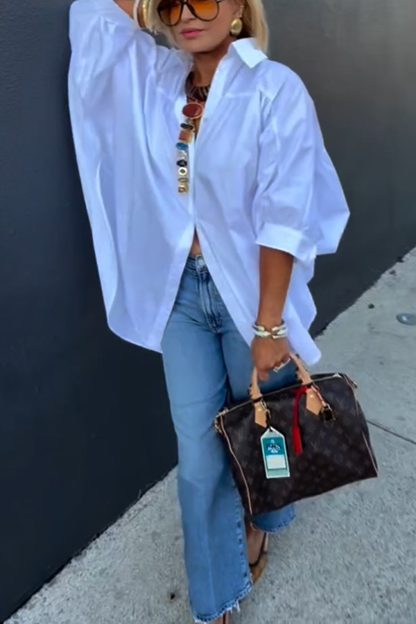 Easy and Modern Button Up Sculptural Sleeve Slit Oversized Midi Blouse