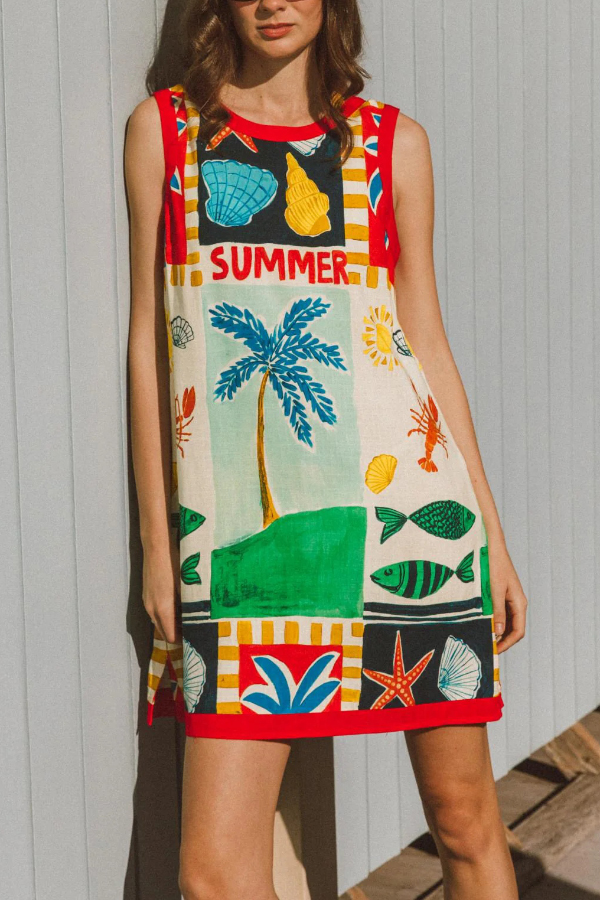 Summer-themed Printed Round Neck Sleeveless Pocket Loose Mini Dress | Consonak