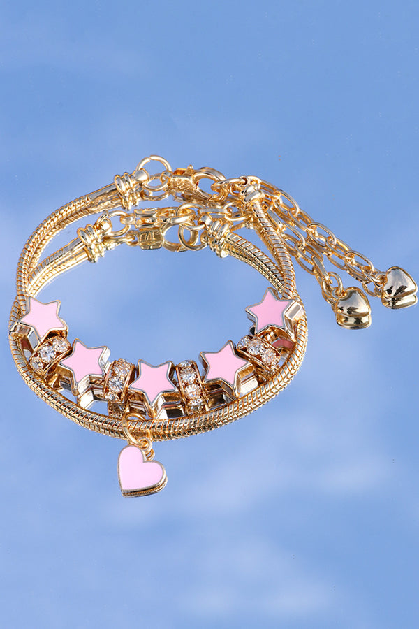Pink Star Heart Pendant with Diamond Double Circle Bracelet-consonak
