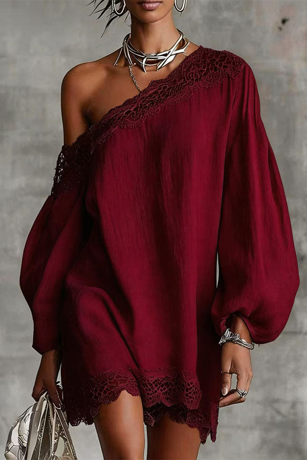 One-Shoulder Lace Trim Mini Dress-Consonak