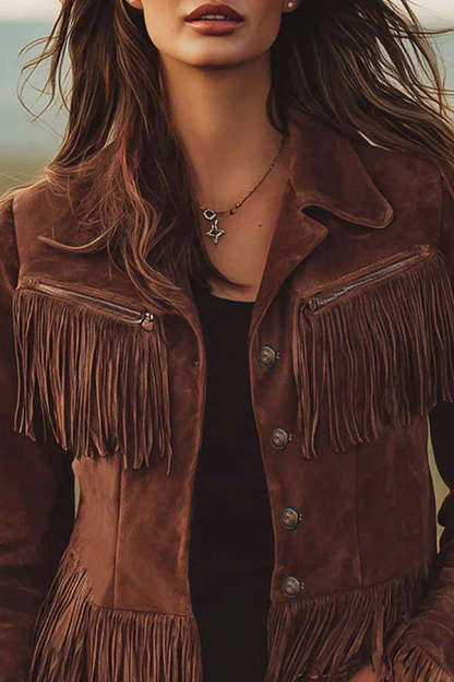 Retro-style Lapel Long-sleeved Tassel Casual Suede Short Jacket-consonak