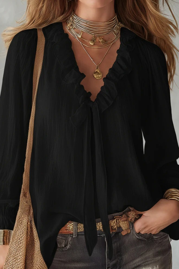 Stylish Long-sleeved V-neck Tie Loose Shirt Top