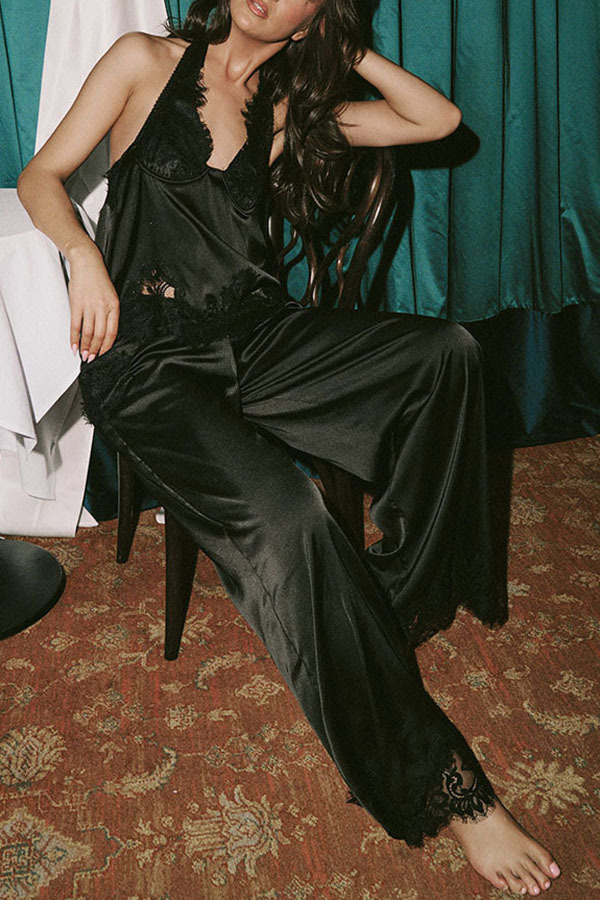 Elegant Morning Satin Lace Trim Halter Tie-up Tank and Elastic Waist Loose Pants Set-consonak