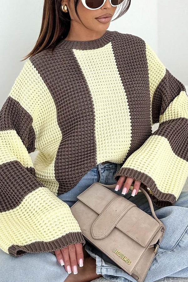 Fashionable Colorblock Loose Long-sleeved Casual Knitted Sweater-consonak