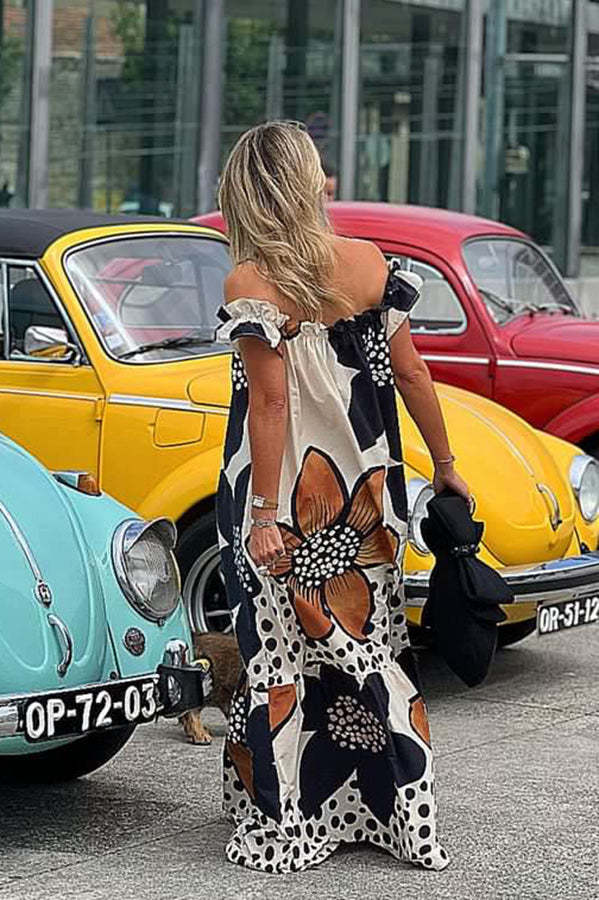 Bloom Season Linen Blend Floral Printed Off Shoulder Pocketed A-line Maxi Dress-consonak