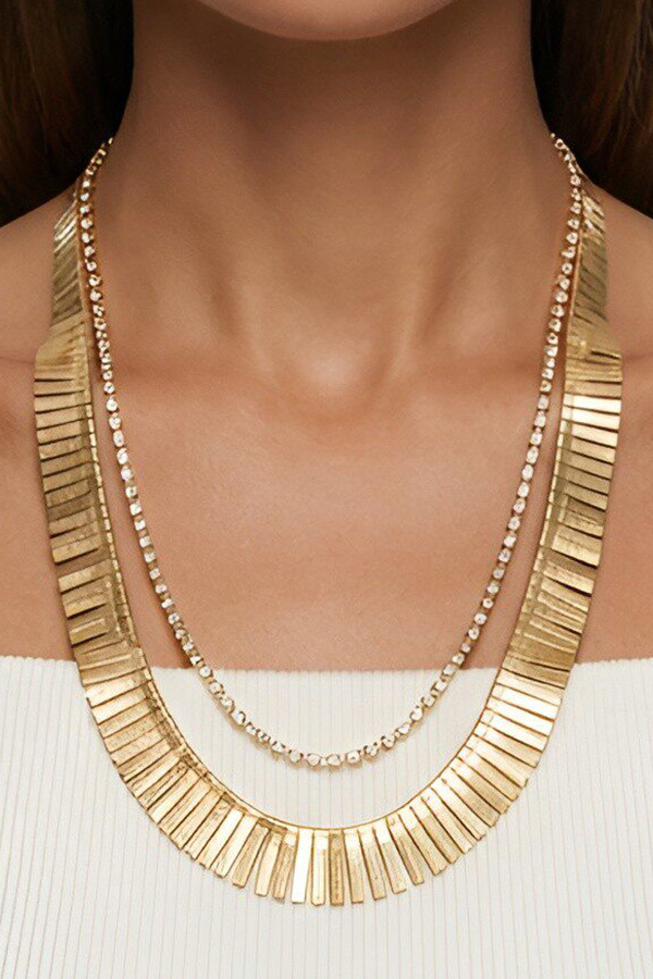 Fashionable Multi-layered Metal Necklace with Full Diamonds-consonak