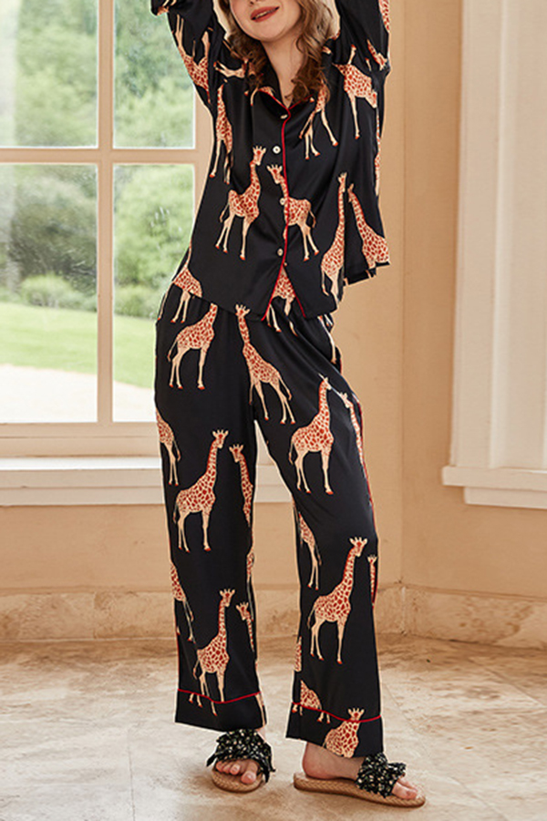 Giraffe Print Home Long-sleeved Two-piece Set-consonak