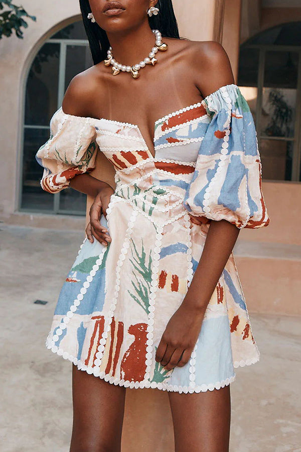 Como Linen Blend Ric Rac Trims Unique Print Puff Sleeve Mini Dress-consonak