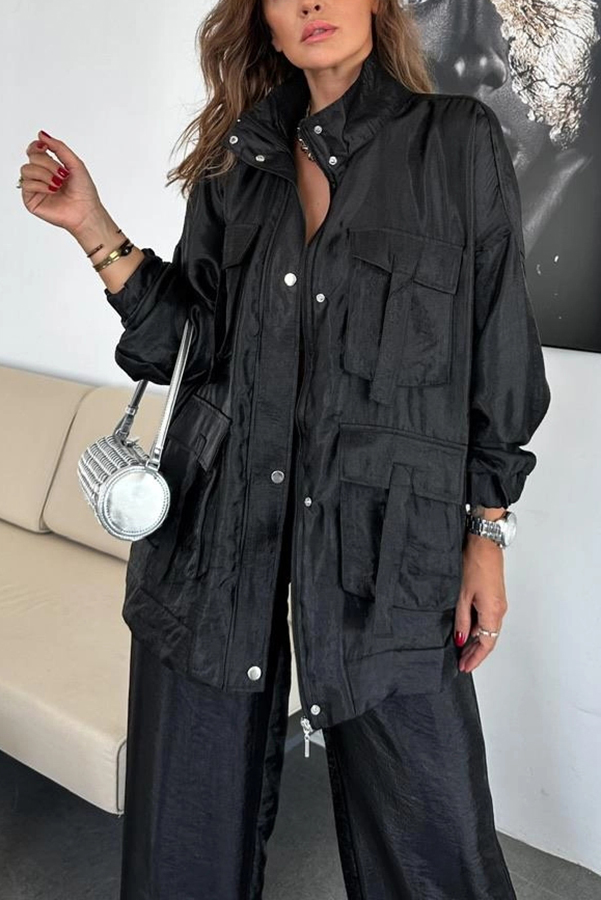 Easy on Me Metallic Fabric Flap Pocket Cargo Style Zipper Loose Jacket | Consonak