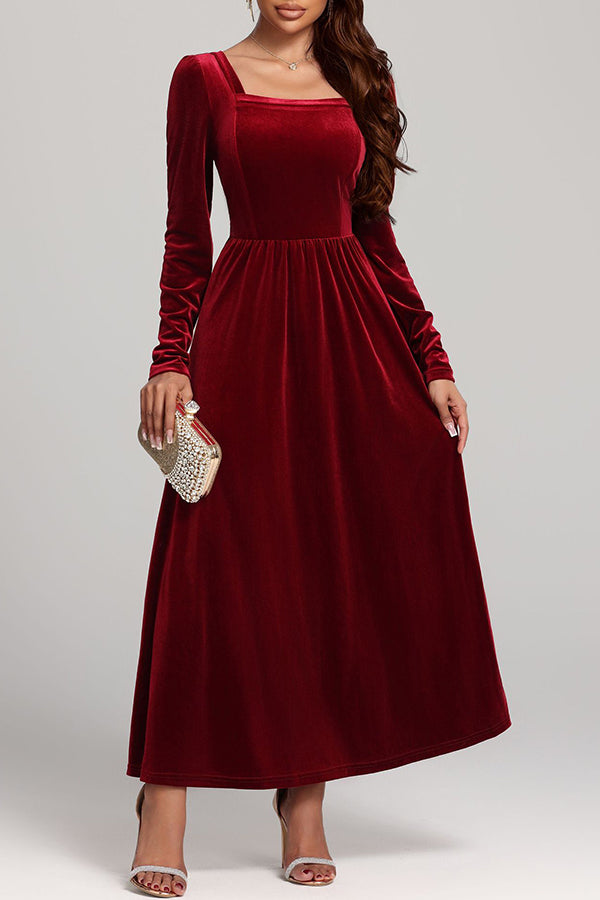 Solid Color Velvet Square Neck Long Sleeve Elegant Maxi Dress-consonak