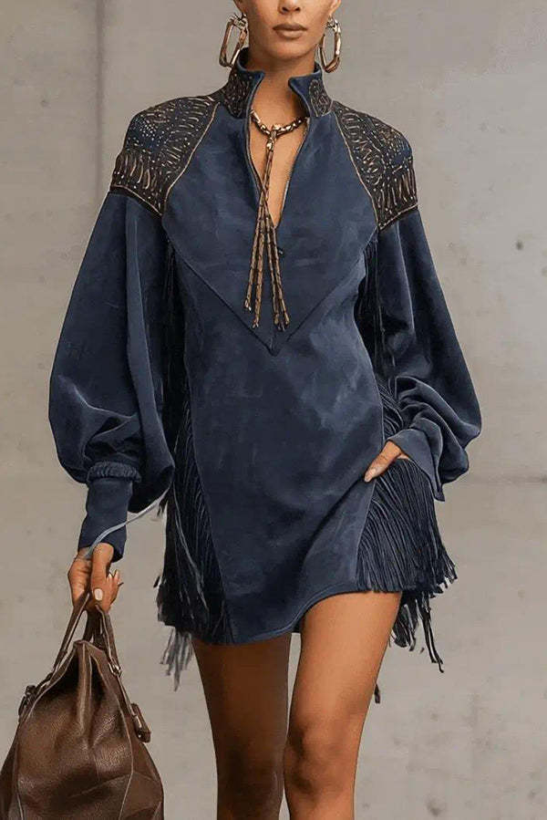 Stylish Suede V-neck Long-sleeved Tassel Loose Mini Dress-consonak