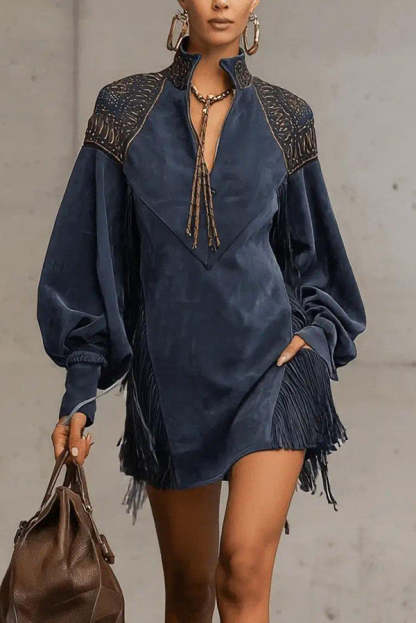 Stylish Suede V-neck Long-sleeved Tassel Loose Mini Dress-consonak