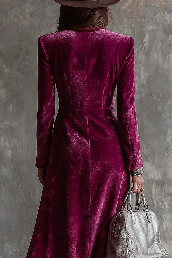 Elegant Velvet Collared Long-Sleeved Double-Breasted Midi Dress-consonak