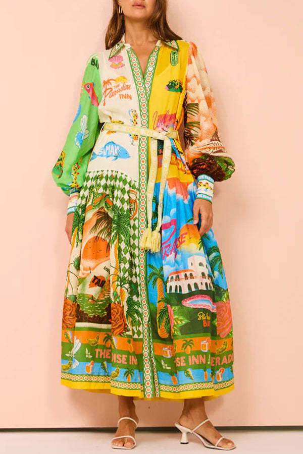 A World of Colour Unique Print Balloon Sleeve Belt Shirt Midi Dress-consonak