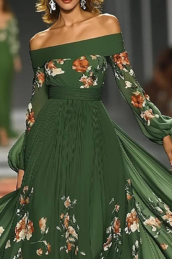 Floral Print Elegant Off-shoulder Fitted Waist Maxi Dress-consonak