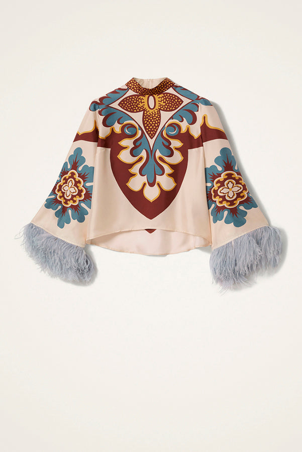 Bohemian Dreams Unique Print High Neck Feather Trim Bell Sleeve Top-Consonak