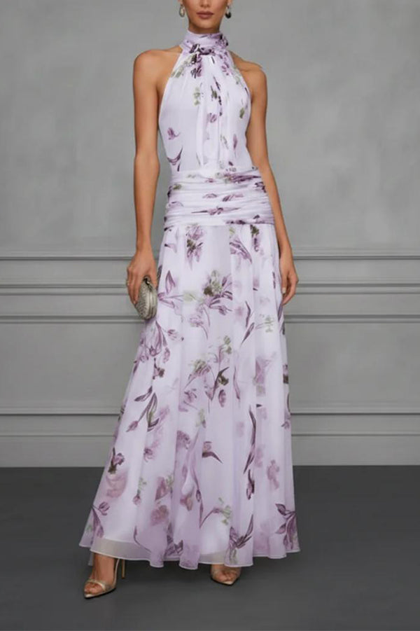 Aria Ruched Halter Floral Dress-Consonak