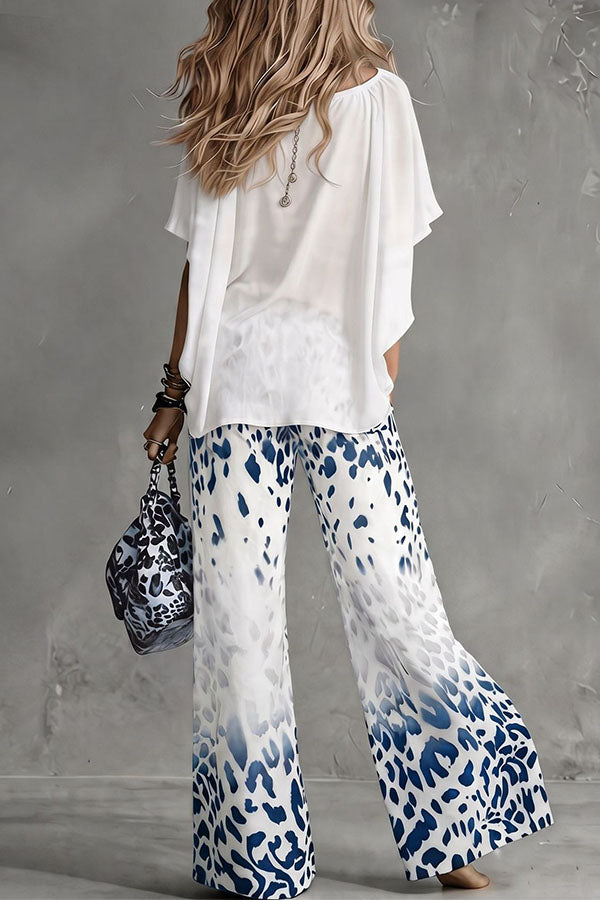 Safari Glam Draped Blouse & Ombre Leopard Wide-Leg Trousers Set-Consonak