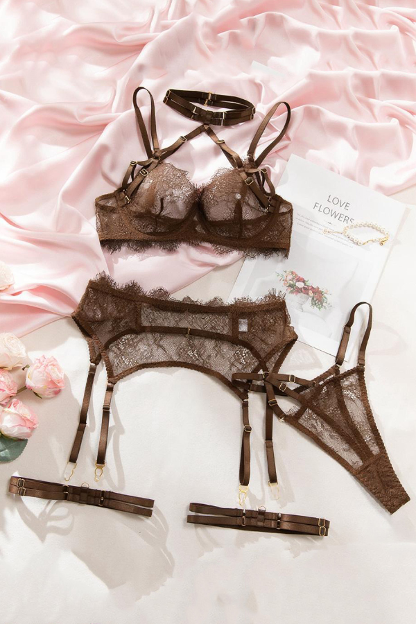 Valentine's Day See-through Lace Hollow-out Halter Neck Bra Four-Piece Set-consonak