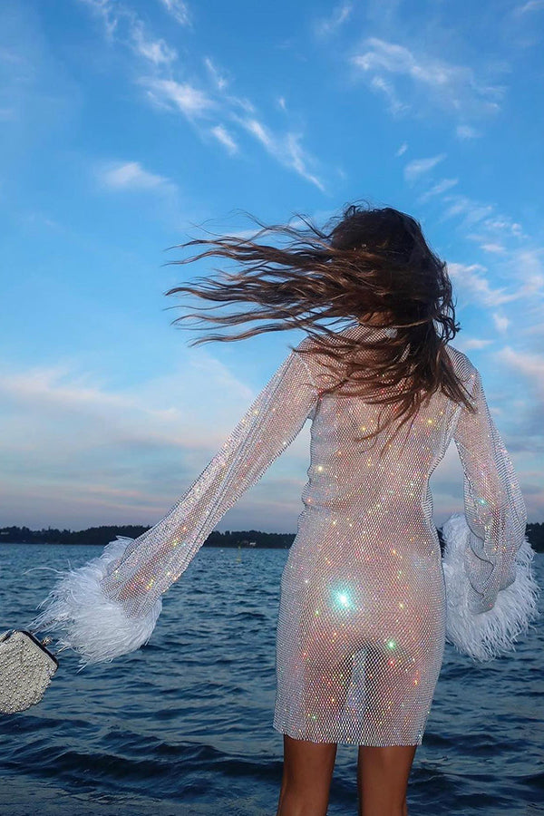 Night Surprise Rhinestone Fabric Feather Sleeve Party Mini Dress-consonak