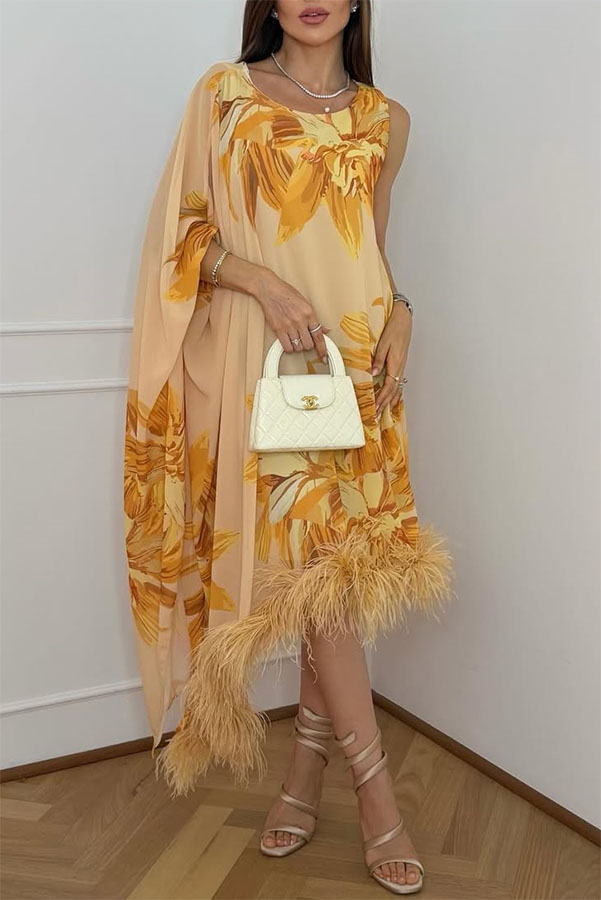 Nadia Chiffon Floral Print Asymmetrical Bell Sleeve Feather Trim Maxi Dress-consonak