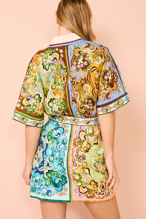 Sasha Linen Blend Unique Printed Shirt Style Tie-waist Mini Dress-consonak