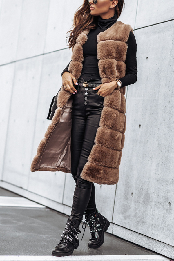 Solid Color Fur Round Neck Sleeveless Midi Vest Jacket-consonak
