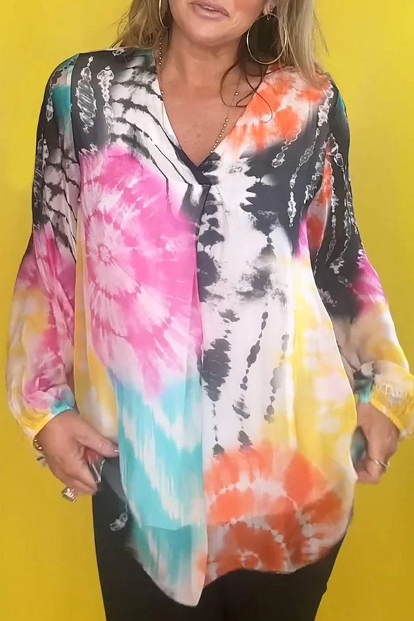 Fashionable Gradient Tie-dye V-neck Long-sleeved Casual Shirt-consonak