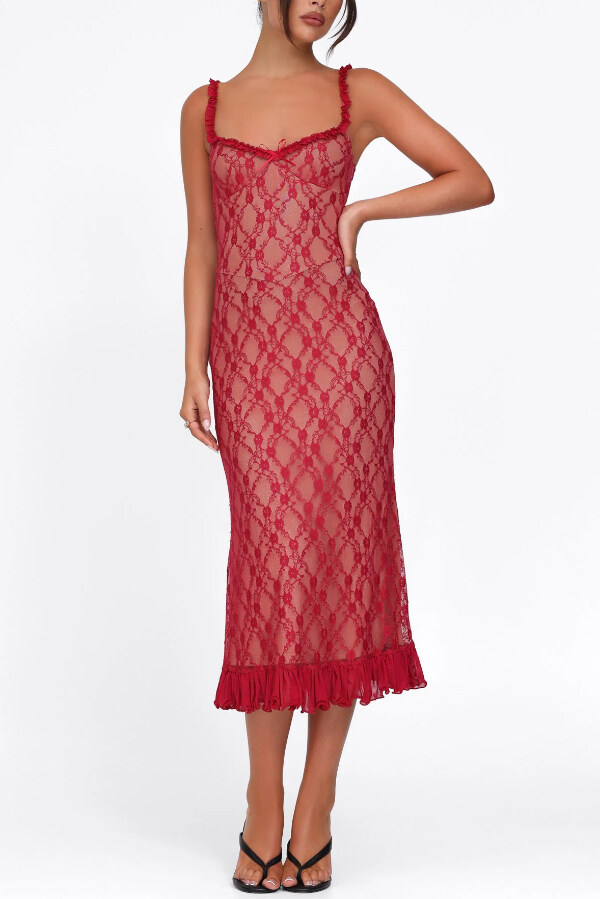 Stylish Plaid Camisole Lace Slim-fit Elegant Midi Dress-consonak