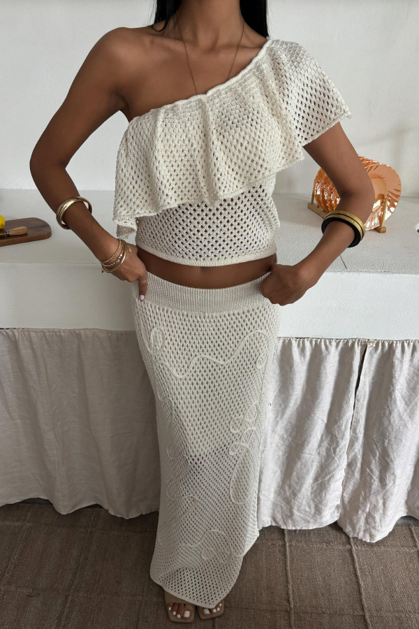 Solid Color One-shoulder Ruffled Openwork Top and Elastic Waist Holiday Knit Maxi Skirt Cover-up Set-consonak