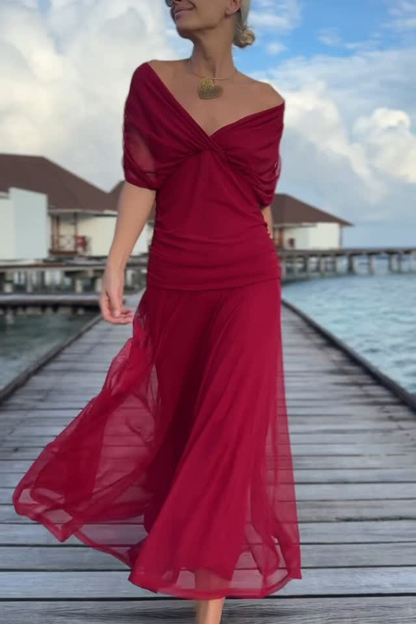 Unique Printed V-Neck Waisted Mesh Holiday Maxi Dress-consonak