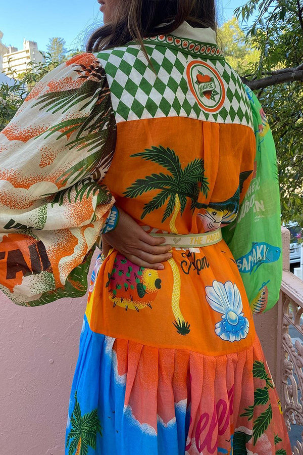 A World of Colour Unique Print Balloon Sleeve Belt Shirt Midi Dress-consonak