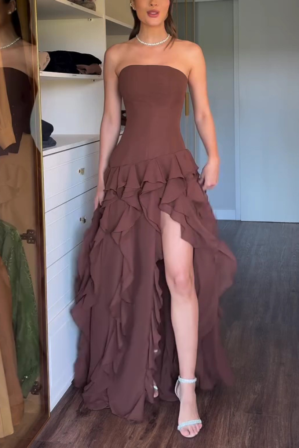 Elegant Sleeveless Off-shoulder Fitted Ruffled High Slit Maxi Dress | Consonak