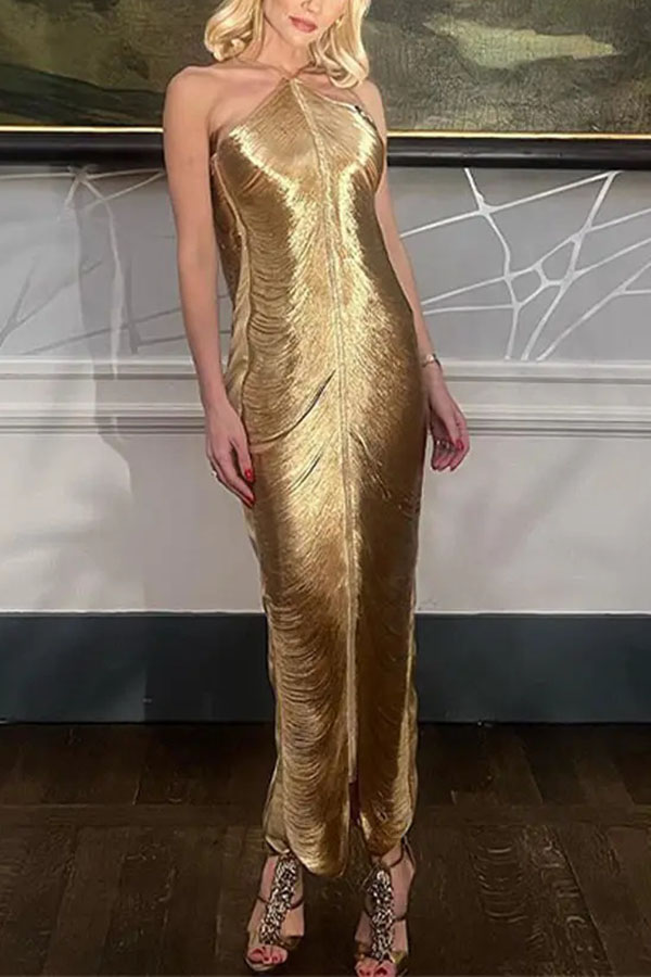 Sexy Allnight Metallic Halterneck Backless Fringed Slit Maxi Dress | Consonak