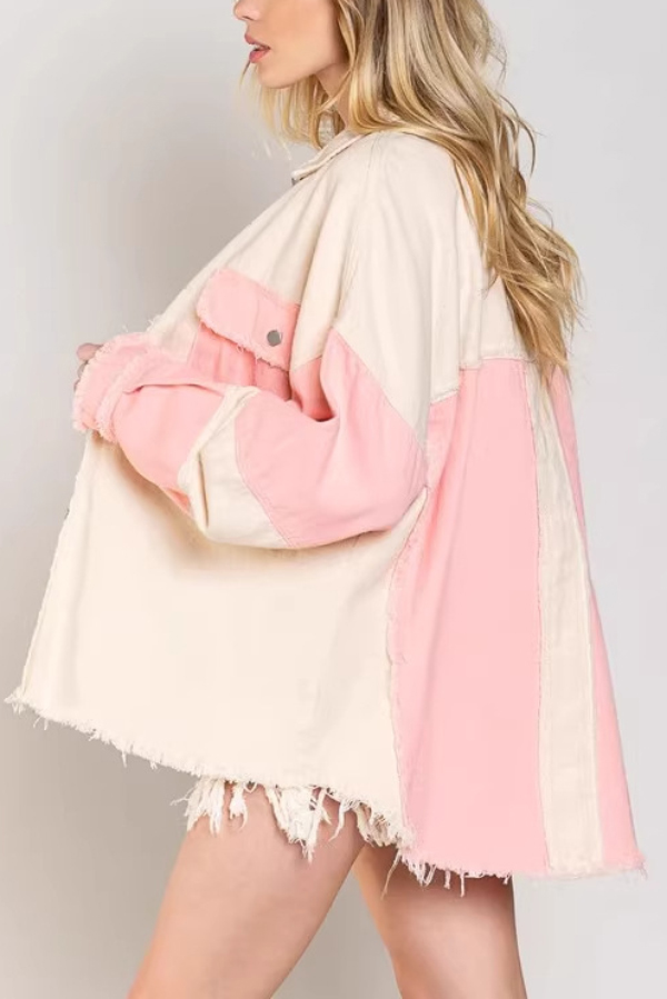 Stylish Color-blocked Lapel Long-sleeved Frayed Denim Jacket