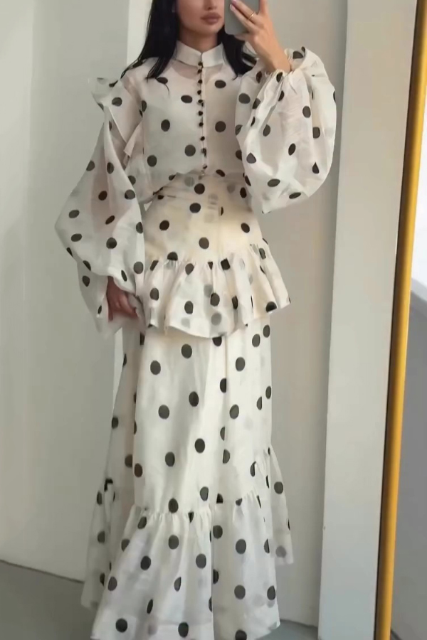 Stylish Polka Dot Print Stand Collar Long Sleeve Elegant Ruffle Maxi Dress | Consonak